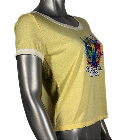 The Blind Medium | Yellow Ringer Crop Top ‘I Buy My Own Flowes’ Purple Graphic - Picture 3 of 12